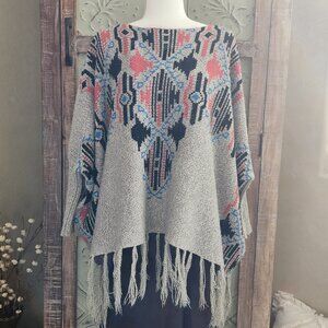 Anthropologie | Two Sisters Aztec fringe poncho style sweater M/L